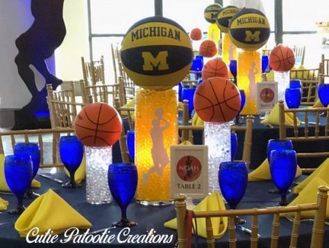 Basketball Centerpieces, Basketball Bar Mitzvah, Basketball Themed Birthday Party, Sports Centerpieces, Basketball Theme Birthday, Mitzvah Centerpieces, Banquet Centerpieces, Football Banquet, Basketball Theme Party