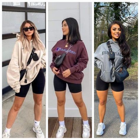 Oversized Sweatshirt Biker Shorts, Big Hoodie And Shorts Outfit, Sweater And Biker Shorts Outfit, Hoodie And Biker Shorts Outfit, Biker Shorts Outfit Winter, Long Biker Shorts Outfit, Brown Biker Shorts Outfit, Fall Biker Shorts Outfit, Short Boots Outfit Winter