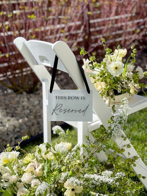 Our elegant and practical reserved row sign was designed specifically with your wedding ceremony in mind! Our beautifully crafted sign adds a touch of sophistication and functionality to your wedding ceremony. Choose from 5x7, 8x10" rectangular or 8x12" scalloped acrylic signs - large enough to be noticed by your guests to alert them that this row is reserved without being overwhelming! Our signs can easily be placed on any chair or row, providing clear indication to your guests that these seats Reserved Seating Wedding, Reserved Wedding Signs, Wedding Ceremony Chairs, Ceremony Decorations Outdoor, White Wedding Ceremony, Wedding Chair Signs, Greenery Wedding Decor, Sign For Wedding, Reserved Seating