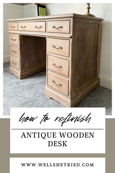 Bleaching furniture, furniture flip, refinished furniture Antique Wood Desk Makeover, Refinish Wooden Desk, Wood Desk Restoration, Desk Stain Ideas, Refinished Wood Desk, Refinishing Desk Ideas, Office Desk Refinishing Ideas, Refinished Antique Desk, Antique Wood Desk