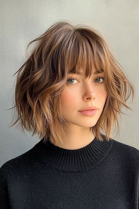 Layered Bob Haircut, Tousled Textured Bob with Bangs Choppy Bob Bangs, Bob With Bangs Curly Hair, Wavy Hair Bob With Bangs, Short Textured Bob With Bangs, Haircuts Neck Length, Rockstar Bangs, Messy Bob With Bangs, Chin Length Hair With Bangs, Layered French Bob