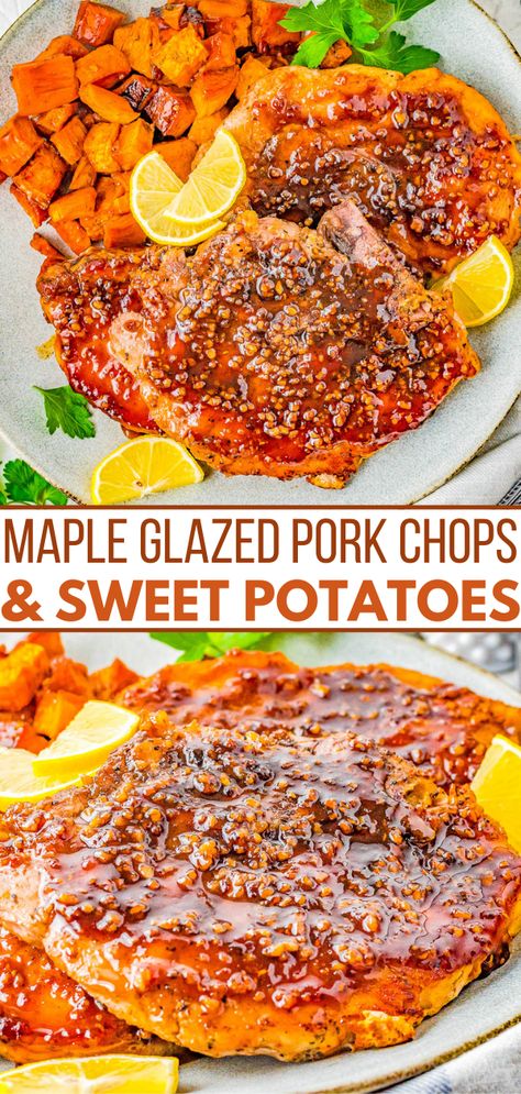 Maple Glazed Pork Chops and Sweet Potatoes - The PERFECT fall-inspired dinner with juicy pork chops that are smothered with the most mouthwatering maple bourbon glaze and cinnamon-and-spiced roasted sweet potatoes on the side! This stunning comfort food recipe is great for family dinners and busy weeknights because it's EASY to make! Pork Chops With Sweet Potatoes, Maple Pork Chops, Maple Glazed Pork Chops, Maple Bourbon Glaze, Roast Pork Chops, Bourbon Glaze, Glazed Pork Chops, Maple Bourbon, Glazed Pork