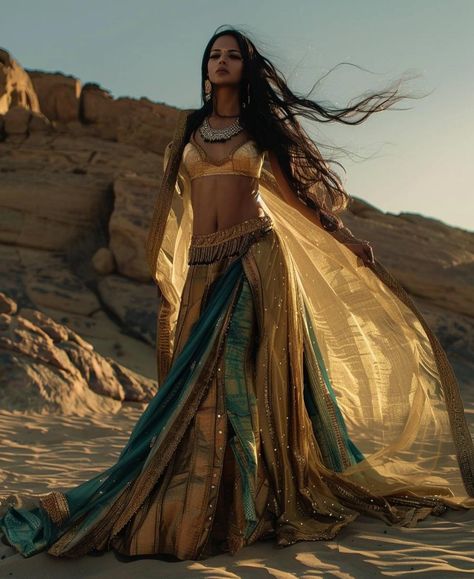 #midjourney #midjourneyart Arabian Nights Outfit Women, Arabian Photography, Desert Outfits Women, Arabian Princess Dress, Desert Clothes, Desert Woman, Goddess Photography, Desert Clothing, Arabic Party