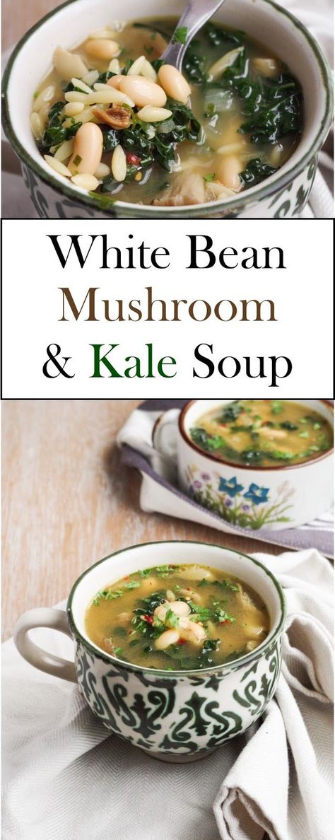 Soup Broth Based, Mushroom Kale Soup, فاصوليا بيضاء, Soup Kale, Vegan Broth, Soup With Orzo, Kale Mushroom, Mushroom Kale, White Bean Kale Soup