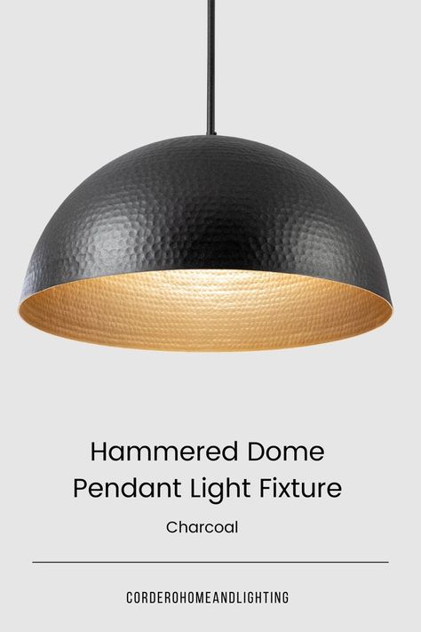 Update your lighting with Cordero Home & Lighting’s versatile Dome Pendant Light Fixtures! Whether hung alone or in a series, these light pendants effortlessly bring together any room with their metallic shimmer and inviting textures. Explore our range of sizes, shapes, and stunning finishes to choose from at corderohomeandlighting.com. There's a Dome Pendant to complement every space. (pictured here is our NEW Charcoal Exterior finish) Charcoal Exterior, Pendant Lighting Ideas, Dome Light Fixture, Dome Pendant Light, Dome Pendant Lighting, Focus Light, Dome Lighting, Lighting Ideas, Home Lighting