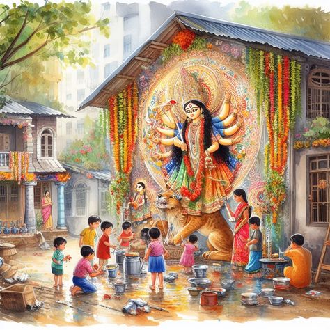 Ma Durga Painting, Durga Puja Painting, Navratri Painting, Durga Puja Drawing, Durga Art, Durga Ma, Shiva Sketch, Ma Durga, Baby Cartoon Drawing