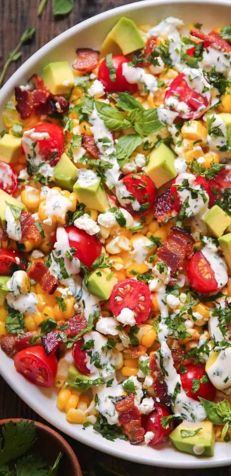 Avocado Corn Tomato Salad with Bacon and Creamy Cilantro-Lime Dressing Lime Salad Dressing, Corn Tomato Salad, Bbq Parties, Corn Avocado, Cookout Side Dishes, Corn Avocado Salad, Bbq Salads, Bbq Side Dishes, Side Salad Recipes