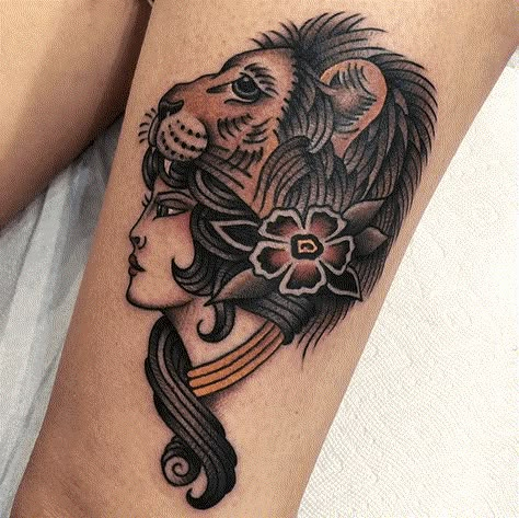 Classic Lion Tattoo, Leo Tattoo Traditional, American Traditional Lioness Tattoo, Lion Lady Tattoo, Traditional Style Lion Tattoo, Trad Lion Tattoo, Lion American Traditional Tattoo, Traditional Lioness Tattoo, Lion Headdress Tattoo