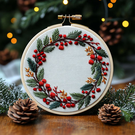 Add a festive touch to your holiday decor with this Winter Wreath Hand Embroidery Pattern! 🌟 Perfect for embroidery enthusiasts of all levels, this design features a beautiful wreath adorned with red berries and evergreen leaves. 🌲 Create stunning hoop art that brings the warmth of the season into your home. This pattern makes embroidery stitching a delightful experience. Let’s stitch and celebrate the holiday spirit! #HolidayDecor #HandEmbroidery #WinterWreath #EmbroideryPattern Christmas Decor Embroidery, Easy Winter Embroidery, Decorate With Embroidery, Christmas Wreath Embroidery Patterns, Christmas Hoop Embroidery, Christmas Themed Embroidery, Cross Stitch Christmas Wreath, Embroidery For Christmas, Embroidery Christmas Decorations