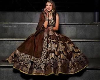 Indian bridal wedding lehangas | Etsy IN Brown Colour Lehenga, Dark Brown Lehenga, Wedding Lehangas, South Indian Bride Saree, Satin Lehenga, Wedding Lehenga Choli, Indian Sari Dress, Floral Lehenga, Bridal Lehenga Collection