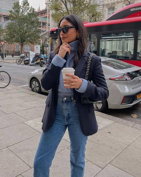 The 7 Most Stylish Blazer Outfits to Copy This Winter | Who What Wear UK Hannah Cocobeautea, Striped Blazer Outfit, Blue Oxford Shirt, Autumn Looks, Vintage Wash Jeans, Autumn Trends, Stylish Blazer, Jean Trends, Ribbed Knit Dress