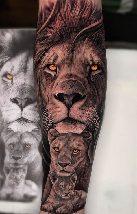 Cool Lion Tattoo Ideas 2022 Family Lions Tattoos, Lion Family Forearm Tattoo, Lion And Family Tattoo, Lion And 2 Cubs Tattoo, Lions Family Tattoo Design, Men’s Family Tattoo Ideas, Lion Tattoo Family, Family Animal Tattoos, Lions Tatoos