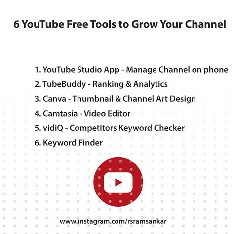 6 YouTube Free Tools to Grow your Channel1YouTube Studio AppManage Channel on phone2TubeBuddyRankingAnalytics3CanvaThumbnailChannel Art Design4CamtasiaVideo Editor5vidiQCompetitors Keyword Checker6Keyword FinderThese tools have a very high valueused by a large number of youtubecreatorIf you are planning for a youtubechannel you should try these firstFOC (Free of Chargewith free version limitation but very usefulyoutube youtubers How To Manage Youtube Channel, Tools For Youtube Channel, Keywords For Youtube, Youtube Art Channel Ideas, Apps For Youtube Channel, Art Youtube Channel Ideas, How To Grow On Youtube, Youtube Channel Thumbnails, Youtube Studio Ideas