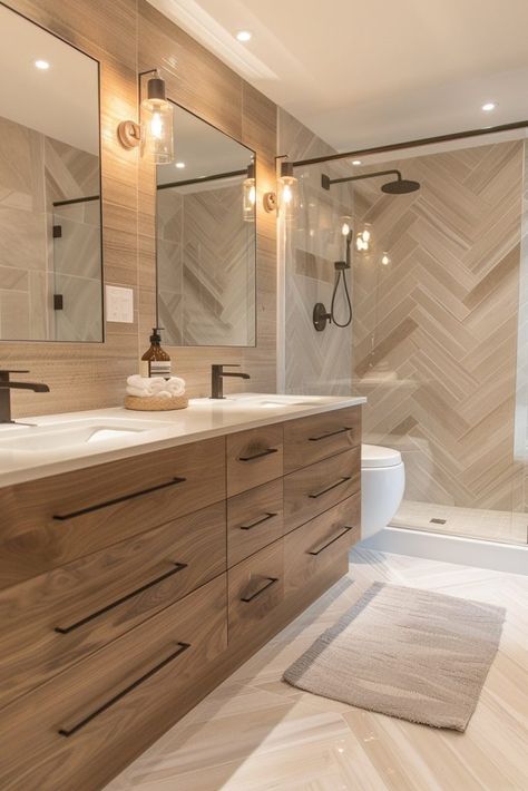 29 Bathroom Tile Design Ideas for a Fresh and Stylish Upgrade 13 Wood Like Tile Bathroom Wall, Wood Look Tile Floor Bathroom Herringbone Pattern, Herringbone Wall Tiles Bathroom, Small Bathroom Wood Tile, Shower Remodel Herringbone, Narrow Modern Bathroom, Wood Wall Tiles Bathroom, Faux Wood Shower Tile, Cream And Wood Bathroom