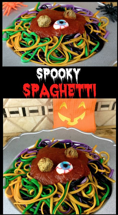 Scary Spaghetti, Spooky Spaghetti And Meatballs, Halloween Noodles, Halloween Spaghetti And Meatballs, Spooky Spaghetti, Halloween Spaghetti, Halloween Pasta, Creepy Halloween Food, Movie Night Dinner