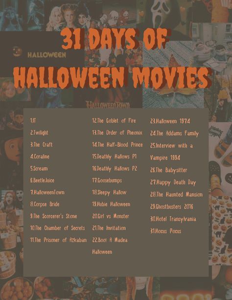 31 Days Of Halloween Movies, Halloween List, Disney Movie Night Food, Scary Movies To Watch, Madea Halloween, 31 Nights Of Halloween, Halloween Movies List, Halloween Bucket List, Movie Night Food