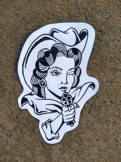 Old School Cowgirl Tattoo, Soft Traditional Tattoo, Old Western Tattoos, Traditional Style Tattoos, Traditional Tattoo Girls, Cowgirl Tattoo, Traditional Tattoo Stencils, Traditional Black Tattoo, Cowgirl Tattoos