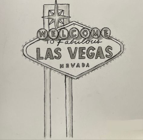 A pencil drawing of the “Welcome to Fabulous Las Vegas” sign. Las Vegas Drawing Art, Las Vegas Doodles, Vegas Doodles, Vegas Sign Drawing, Las Vegas Sign Drawing, Casino Drawing, Las Vegas Drawing, Vegas Drawing, Welcome To Vegas Sign