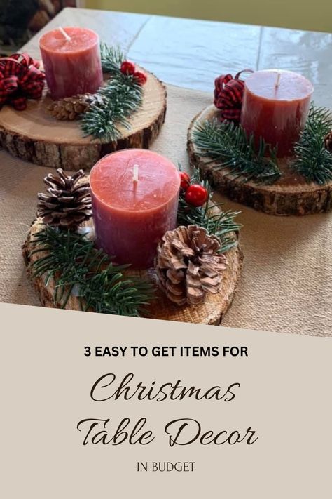 Wooden decor always gives a homely feel during christmas with the edge of the rustic aesthetic that we always want to achieve. now This center piece is easy to make and is a perfect addition for long dining table decor, side table decor, or a centerpiece for this christmas. DIY this decor in budget Center Piece Christmas Table, Xmas Dinner Table Decoration Simple, Simple Christmas Centrepiece Ideas, Cheap Christmas Centrepiece Ideas, Wooden Christmas Centerpieces, Wood Slice Christmas Table Decorations, Christmas Party Round Table Decorations, Cheap Christmas Table Decor, Christmas Wooden Centerpieces