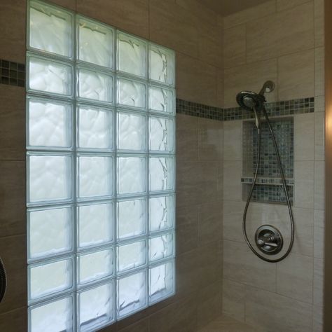 Glass block window design Columbus Ohio Installation | Innovate Building Solutions | #GlassBlockWindow #DesigningShower #BathroomShower #ShowerWindow Tile Shower With Glass Block Window, Rain Glass Window Bathroom, Shower With Block Window, Update Glass Block Window, Large Window In Shower Solution, Glass Block Window In Shower Ideas, Glass Brick Bathroom Window, Glass Block In Bathroom, Glass Block Windows In Bathroom