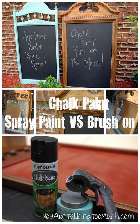 Chalkboards right on thrift stores mirrors. This post shared my thoughts on the differences between "spray" paint and "brush" paint chalkboards. Check it out! F… Talking Too Much, Chalkboard Projects, Paint Crafts, Crafts Painting, Chalk Paint Projects, Brush Paint, Old Mirror, Diy Chalkboard, Chalkboard Paint