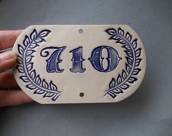 Oval blue House Number Plaque Address Sign for Home Ceramic | Etsy Ceramic House Numbers Address Signs, House Number Ceramic, Clay House Numbers, Door Numbers Ideas, Door Sign Ideas, Vintage House Numbers, Ceramic Sign, House Number Plates, Door Number Plaques