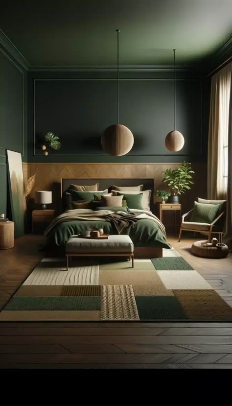 25 Inspiring Dark Green Bedroom Ideas for a Refreshing Change - Roomy Retreat Dark Sage Bedding, Green Bedroom And Ceiling, Dark Brown And Green Interior, Dark And Light Green Bedroom, Dark Green Bedroom Walls And Ceiling, Forest Green And Oak Bedroom, Dark Green Bedroom Painted Ceiling, Green Painted Ceiling Bedroom, Colors To Go With Dark Green