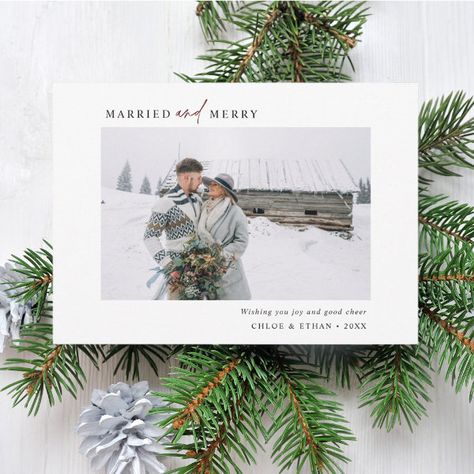 Simple Married & Merry Newlyweds Photo Landscape Holiday Card Modern Holiday Photo Cards, Christmas Holiday Photos, Photo Landscape, Christmas Pregnancy Announcement, Watercolor Christmas Cards, Pine Branch, White Pine, Holiday Postcards, Newlywed Gifts