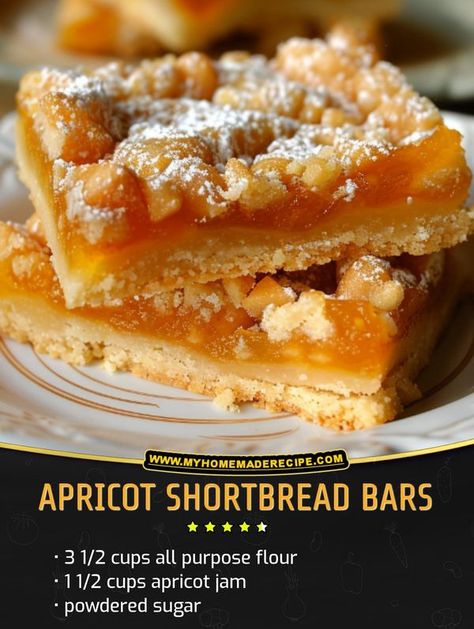 Family Cookbook Recipes | Apricot Shortbread Bars | Facebook Apricot Bars With Dried Apricots, Apricot Thumbprint Cookies, Apricot Recipes Dessert, Recipe Using Dried Apricots, Apricot Dessert Recipes, Apricot Bread Recipe, Apricot Pie Recipe, Apricot Desserts, Apricot Bars Recipe