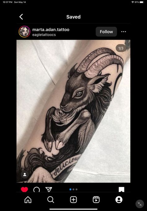 Blackwork Goat Tattoo, Goat Illustration Dark, Black Goat Tattoo, Cute Goat Tattoo, Goat Tattoo Design, Tattoo Goat, Elf Tattoo, Designing Tattoos, Awful Tattoos