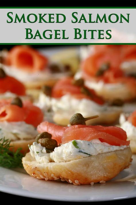 Smoked Salmon Bagel Bites Recipe - Celebration Generation Smoked Salmon Mini Bagel, Mini Bagels With Smoked Salmon, Mini Lox And Bagels, Mini Lox Bagels, Mini Bagels Appetizers, Mini Salmon Bagels, Smoked Salmon Bagel Bites, Salmon Bagels Smoked, Mini Bagel Ideas