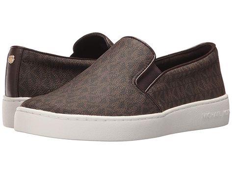 MICHAEL Michael Kors Keaton Slip-On (Brown Mini MK Logo Coated Canvas/Suprema Nappa Sport) Women's Slip on  Shoes. Lift up your casual look in the Keaton Slip On from MICHAEL Michael Kors. Logo PVC upper. Easy slip-on wear. Closed-toe sneaker. Elastic gore panels on side. Synthetic lining. Lightly padded footbed. Rubber outsole. Imported. Measurements: Weight: 13 oz Product measurements were taken using size 9  width M. Please #MICHAELMichaelKors #Shoes #ClosedFootwear #SliponCasual #Brown Mk Shoes, Michael Kors Sneakers, Slipon Sneakers, Women's Slip On Shoes, Mk Logo, Shoes Brown, Sneakers Outfit, Michael Kors Shoes, Slip On Sneakers