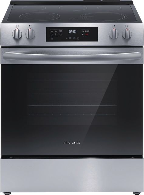 The Frigidaire 30 Front Control Electric Range with the EvenTemp cooktop element delivers consistent results every time, because it reduces hot and cold spots in your pan. Plus, enjoy easier cleanup with our Steam Clean cycle that provides a quick 30-minute oven cleaning that's chemical-free, odor-free and fast. Frigidaire 30-in Glass Top 5 Burners 5.3-cu ft Steam Cleaning Slide-in Electric Range (Stainless Steel) | FCFE3062AS Down Draft Range Stove, Kitchen Appliance Packages, Side By Side Refrigerator, Range Microwave, Built In Dishwasher, Integrated Dishwasher, Outdoor Refrigerator, Appliance Packages, 5 Elements