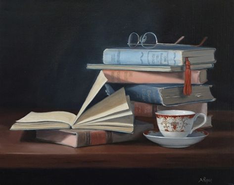 "Well Read', oil on linen Book Still Life Drawing, Book Aesthetic Painting, Book Still Life, Still Life With Books, Old American Flag, Book Painting, Library Themes, Oil Painting Background, Still Life Artists