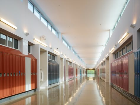 South Shore High School 9 — John Ronan Architects High School Lockers, High School Design, School Building Design, School Hallways, School Interior, Public High School, Masonry Wall, School Lockers, Dream School