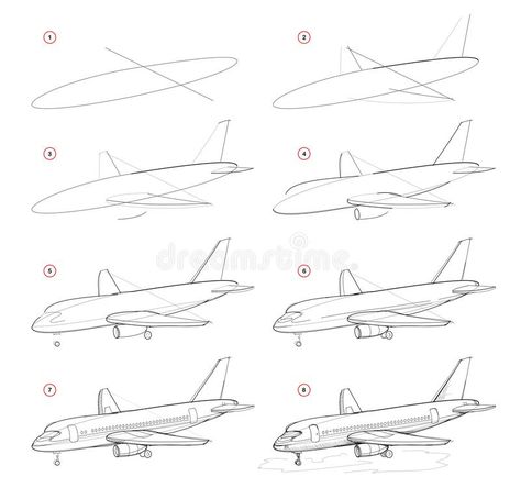 Creation step by step pencil drawing. Page shows how to learn draw sketch of modern passenger aircraft. School textbook for developing artistic skills. Hand royalty free illustration Airplane Sketch, Plane Drawing, Airplane Drawing, Perspective Drawing Lessons, How To Draw Steps, Drawing Sheet, Airplane Art, Architecture Concept Drawings, Basic Drawing