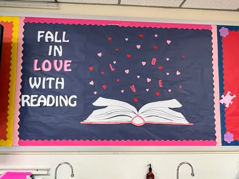 Love Of Reading Bulletin Board, Read Your Heart Out Bulletin Board, February Book Displays Libraries, Valentines Reading Bulletin Board, Books We Love Bulletin Board, Fall In Love With Reading Bulletin Board, Love Your Library Month Ideas, Love Of Reading Door Decorations, Valentine Library Ideas