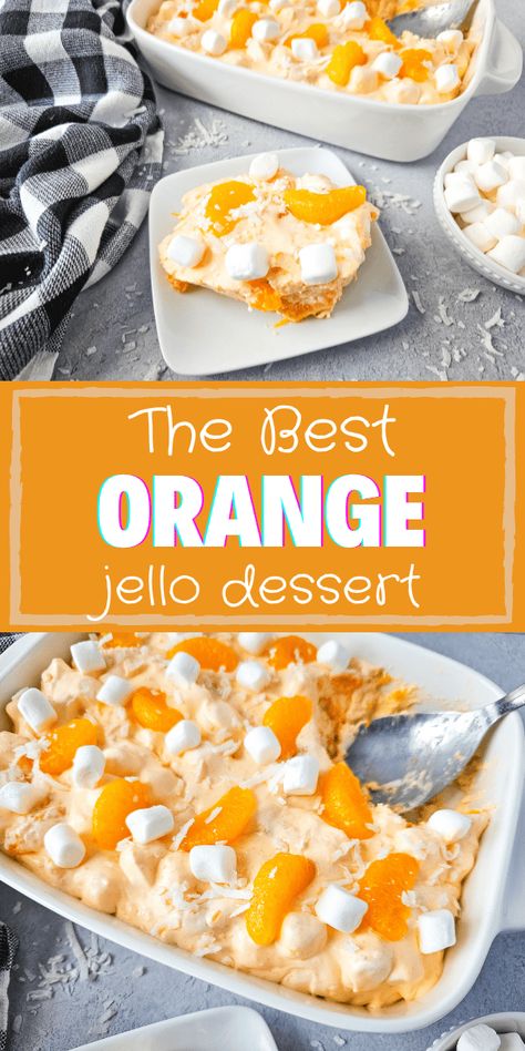 Try this delicious Mandarin Orange Jello Salad recipe for a refreshing and fruity treat. This is one of my favorite jello desserts, and you’re going to love it! Mandarin oranges, marshmallows, and coconut come together in a blend of gelatin, pudding, and cool whip to make one of the most amazing desserts! This simple dessert recipe is perfect for your family and even parties, summer picnics, and gatherings! Orange Lush Dessert, Orange Treats Desserts, Orange Marshmallow Salad, Jello For Thanksgiving, Jello Salad Recipes Easy, Orange Colored Desserts, Canned Mandarin Oranges Recipes, Jello Desserts Easy, Thanksgiving Jello Salad Recipes