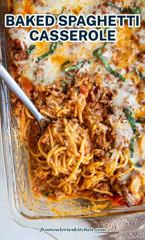 This Baked Spaghetti Casserole is layered with a rich, meaty sauce, dollops of creamy ricotta cheese, and plenty of melted mozzarella. A comforting, nostalgic meal that is guaranteed family-friendly! Baked Spaghetti With Cottage Cheese, Spaghetti Bake Recipe, Spaghetti Dishes, Spaghetti Casserole Recipe, Italian Casserole, Baked Spaghetti Casserole, Baked Spaghetti Recipe, Facebook Recipes, Spaghetti Casserole