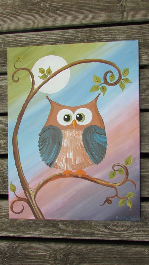 Whimsical Owl on a Tree/ Canvas using acrylic paints. Available for sale ElBaulDePedro on Etsy Easy Whimsical Acrylic Paintings, Easy Acrylic Paintings On Canvas, Easy Owl Painting, Owl Painting Easy, Owl Paintings On Canvas, Owl Acrylic Painting, Cute Owl Painting Easy, Owl Painting Kids, Owl Painting Acrylic Easy