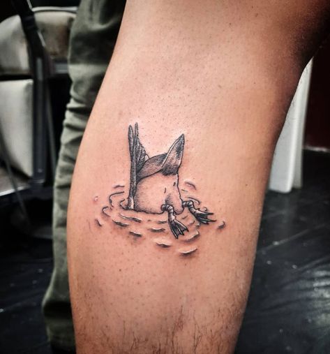 Duck With Knife Tattoo, Duck Feet Tattoo, Wood Duck Tattoo, Duck Tattoos For Men, Pond Tattoo, Mallard Duck Tattoo, Duck Tattoo Ideas, Duck Hunting Tattoos, Badger Tattoo