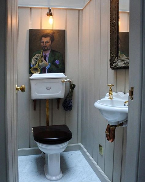 Ultimate #bathroomgoals in the new St. John's showroom. Classic style with brass details and a beautiful Carrara marble floor from our sister company @floorsofstone #deVOLStJohnsSquare Victorian Toilet, Small Downstairs Toilet, Cloakroom Toilet, Vintage Toilet, Downstairs Cloakroom, Devol Kitchens, Victorian Bathroom, Toilet Sink, Downstairs Toilet