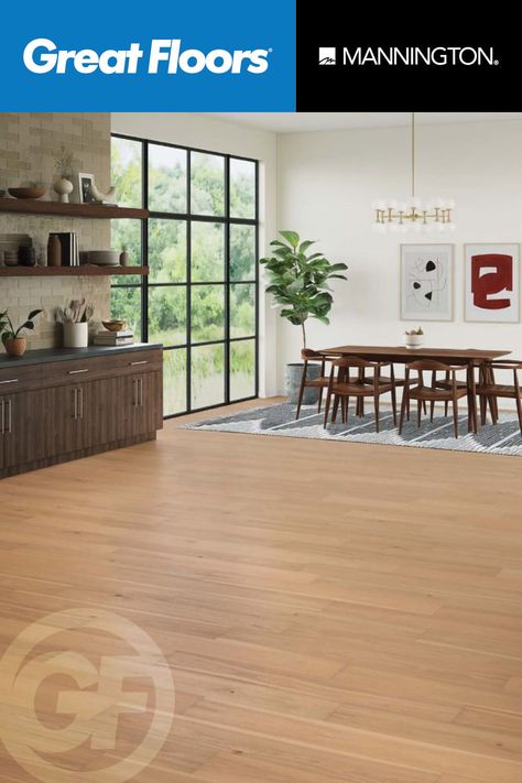 Mannington Hardwood collections promote eco-friendly and sustainable living, all while beautifully elevating your home. https://www.greatfloors.com/flooring/our-brands/mannington/ #greatfloors #mannington #manningtonhardwood #manningtonflooring #manningtonbrand #diningroominspo #flooringdesign #flooringideas #flooringinstallation #shopgreatfloors Mannington Restoration Collection, Flooring White Oak, Natural Laminate Flooring, Mannington Flooring, Hardwood Plank Flooring, Hickory Flooring, Teak Sofa, Flooring Materials, Vinyl Tile