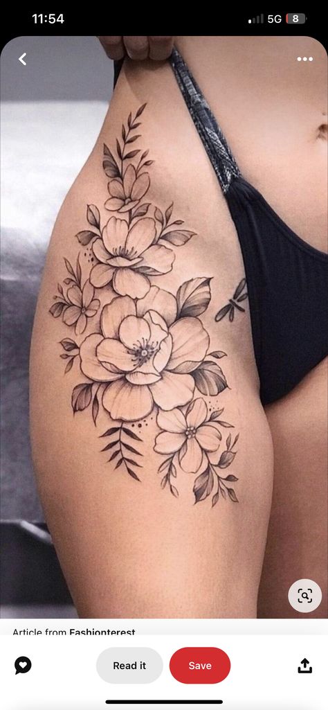 Hip To Leg Tattoos Women, Lilly Hip Tattoos Women, Lower Back Small Tattoos For Women, Lower Back Floral Tattoos For Women, Shoulder To Hip Tattoo, Lily Hip Tattoos Women, Floral Garter Tattoo, Vine Tattoos Hip, Stretchmark Cover Tattoos Stomach