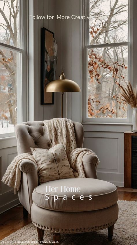 Cozy reading nook with a plush armchair, soft throw blanket, and warm lighting creating an inviting, relaxing space perfect for reading. Nook Inspiration, Reading Areas, Reading Nook Ideas, Nook Ideas, Reading Area, Primary Bedroom, Modern Cottage, Cozy Reading Nook, Idea Board