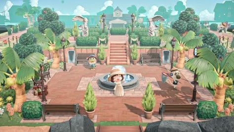 Animal Crossing Plaza Design, Animal Crossing Island Inspo Natural, Tropical Acnh Entrance, Plaza Design Animal Crossing, Acnh Jungle Entrance, Acnh Resort Entrance, Acnh Riverside Idea, Animal Crossing Resort, Acnh Tropical Island Entrance