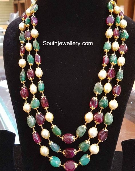 22 carat gold three line mala strung with ruby beads, emerald beads and south sea pearls by Bhavani jewellers. Emerald Beads Mala, Ruby Jewelry Necklaces, Pearls Jewellery, Jewellery Beads, Pearl Mala, Mala Jewelry, Pearl Jewelry Design, Jewelry Designing, Beads Mala