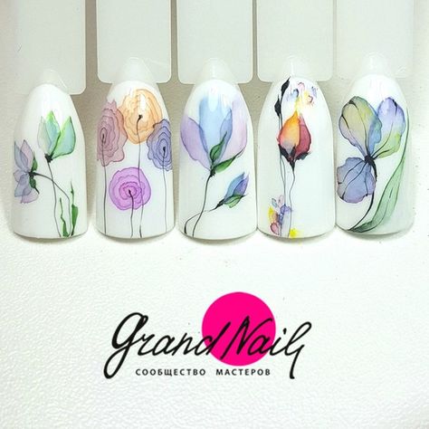 Water Color Nails, Art Deco Nails, Flower Nail Designs, Painted Nail Art, Nail Art Designs Videos, Pretty Nail Art, Halloween Nail Designs, Flower Nail Art, Flowers Art