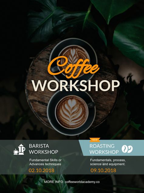 Coffee Workshop Poster Template Visme Workshop Advertisement, Coffee Workshop, Workshop Poster, Advertisement Poster, Ad Poster, Workshop Design, Coffee Poster, Workshop Ideas, Event Poster