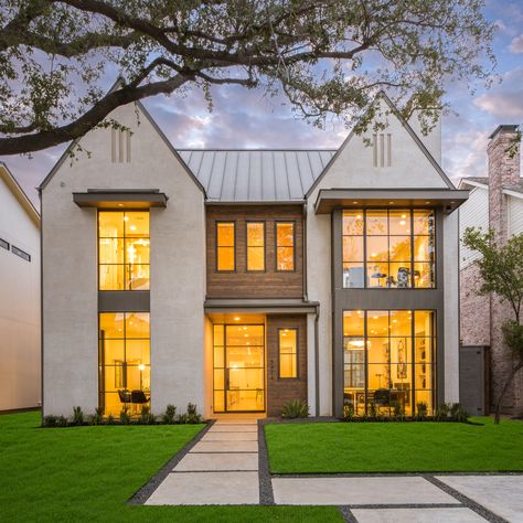 Built by Coats Homes | Dallas, TX Transitional Modern Farmhouse, Transitional Exterior, Lake Houses Exterior, Gable House, Contemporary House Exterior, Transitional Home, Exterior Inspiration, Modern Farmhouse Exterior, Transitional Modern